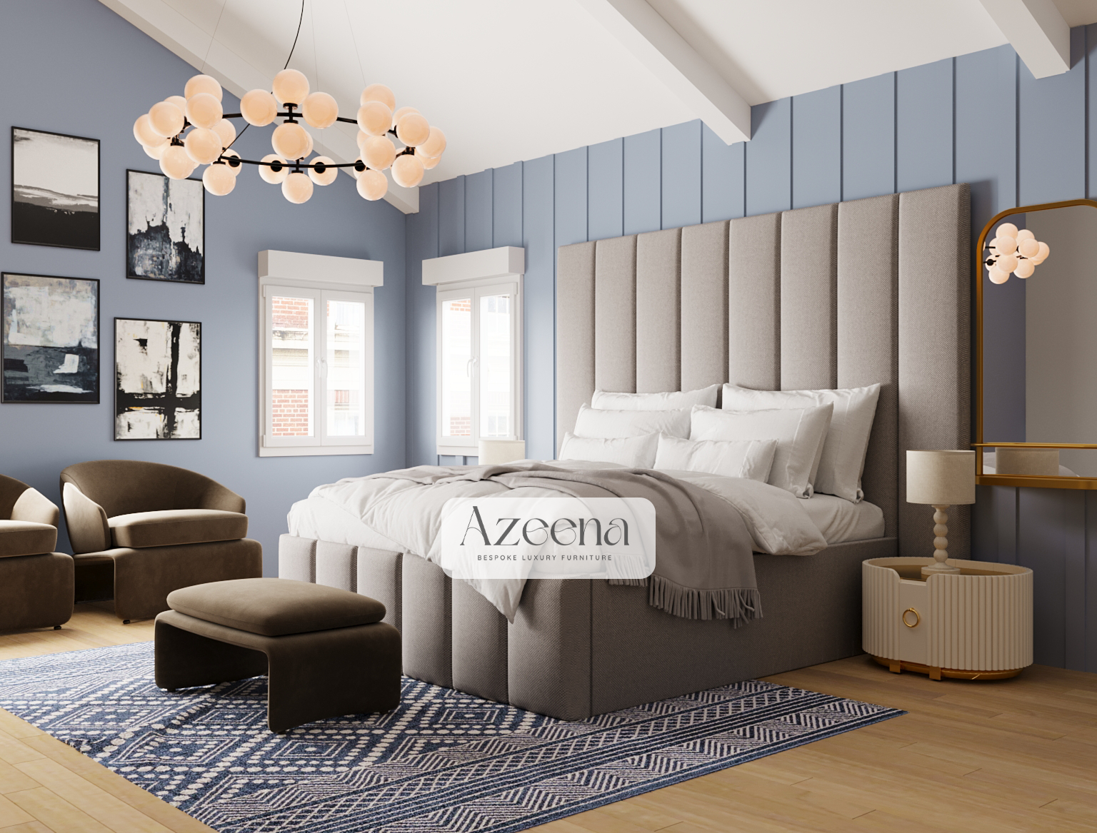 Sammy Wide Extended Panel Headboard Fabric Bed With Optional Ottoman Storage