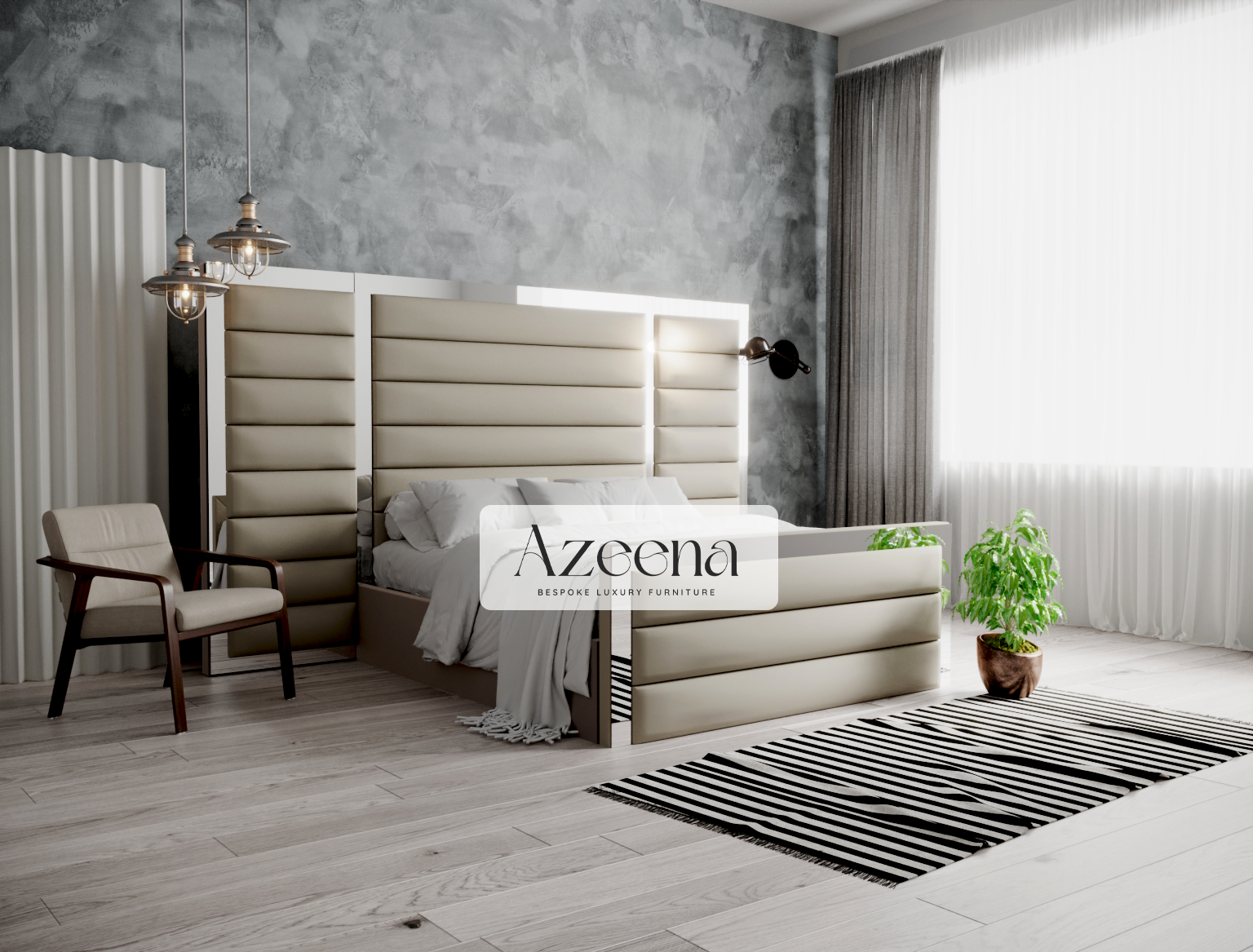 Miles Extended Wide Headboard Horizontal Lines Panel Mirror Bed With Optional Storage