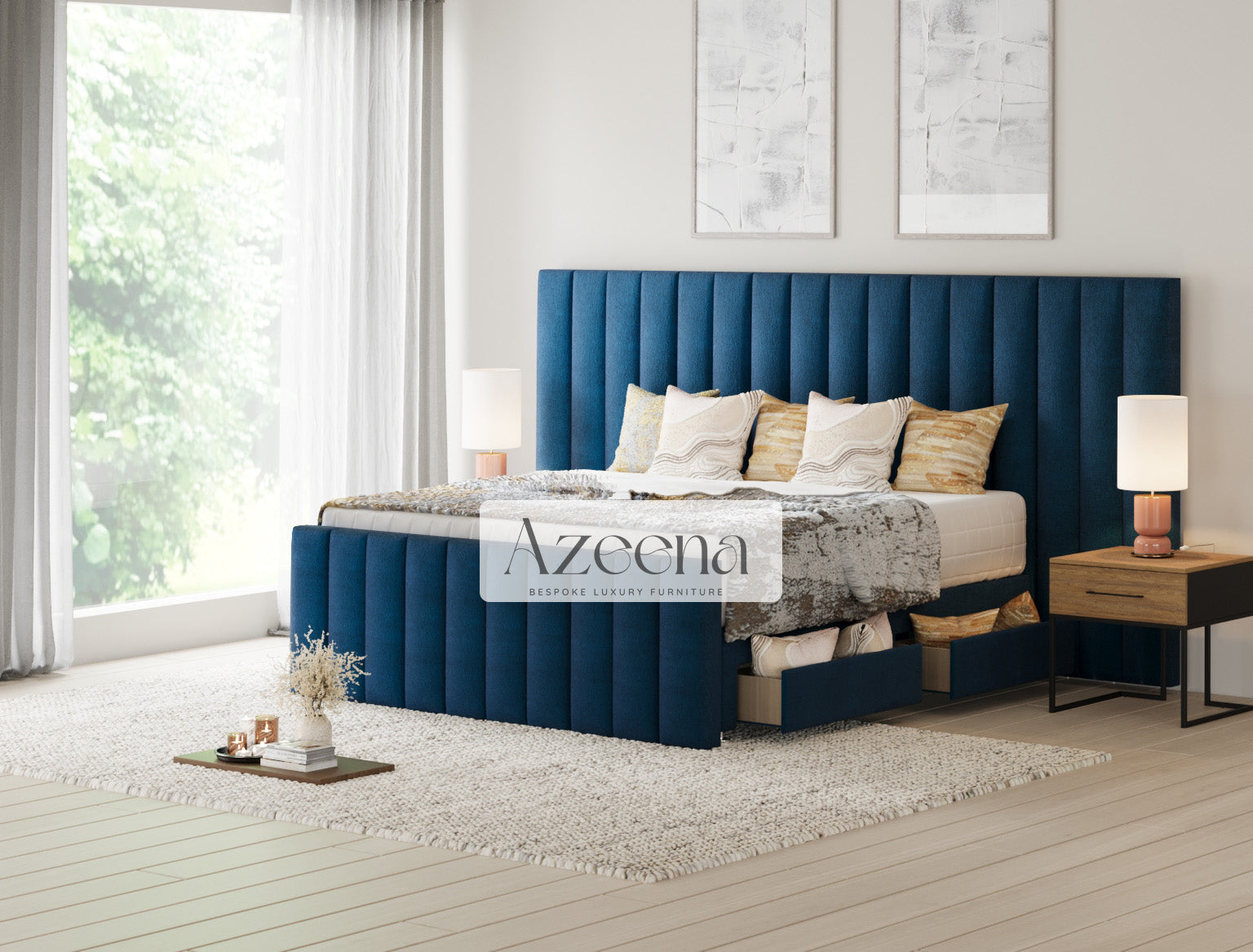 Prestige Extended Wide Headboard Stripe Line Divan Drawer Storage Bed