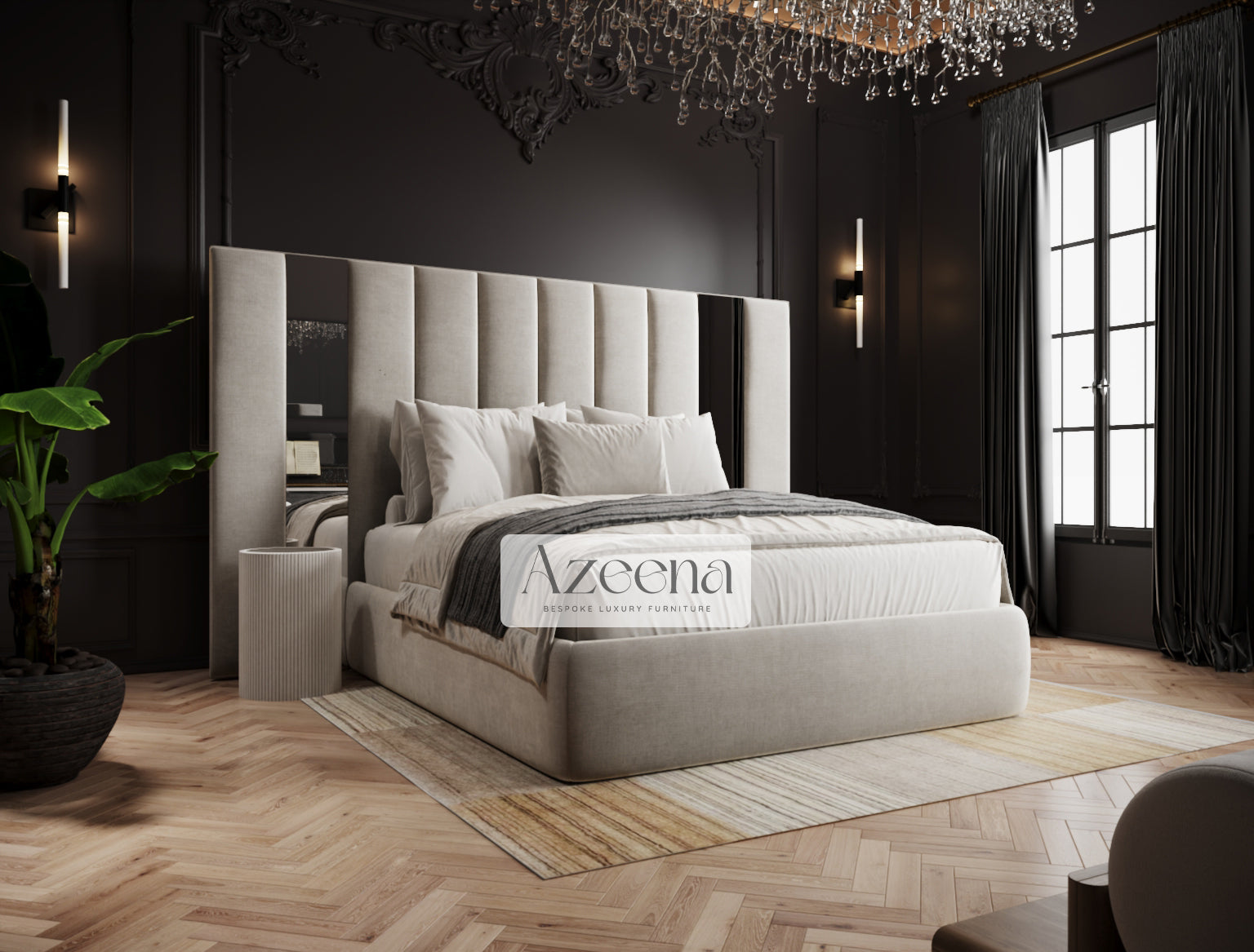 Elma Extended Wide Headboard Stripe Line Mirror Bed With Optional Storage