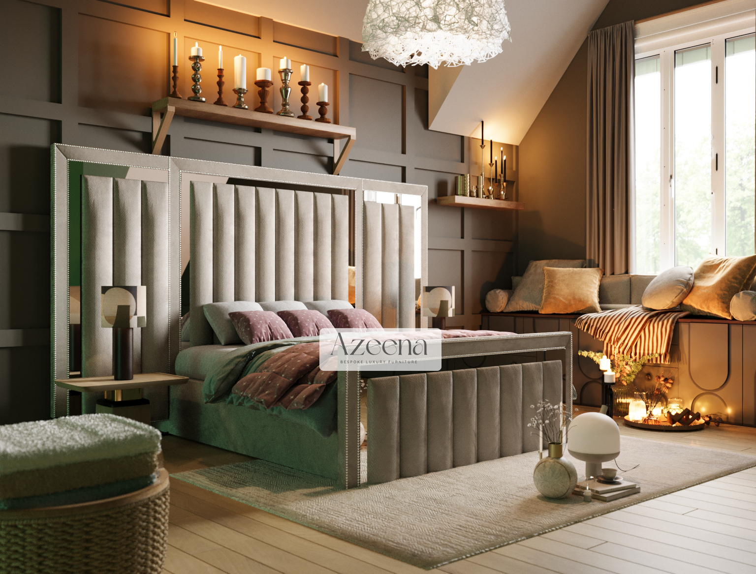 Charles Extended Wide Headboard Stripes Lines Panel Mirror Bed With Optional Storage