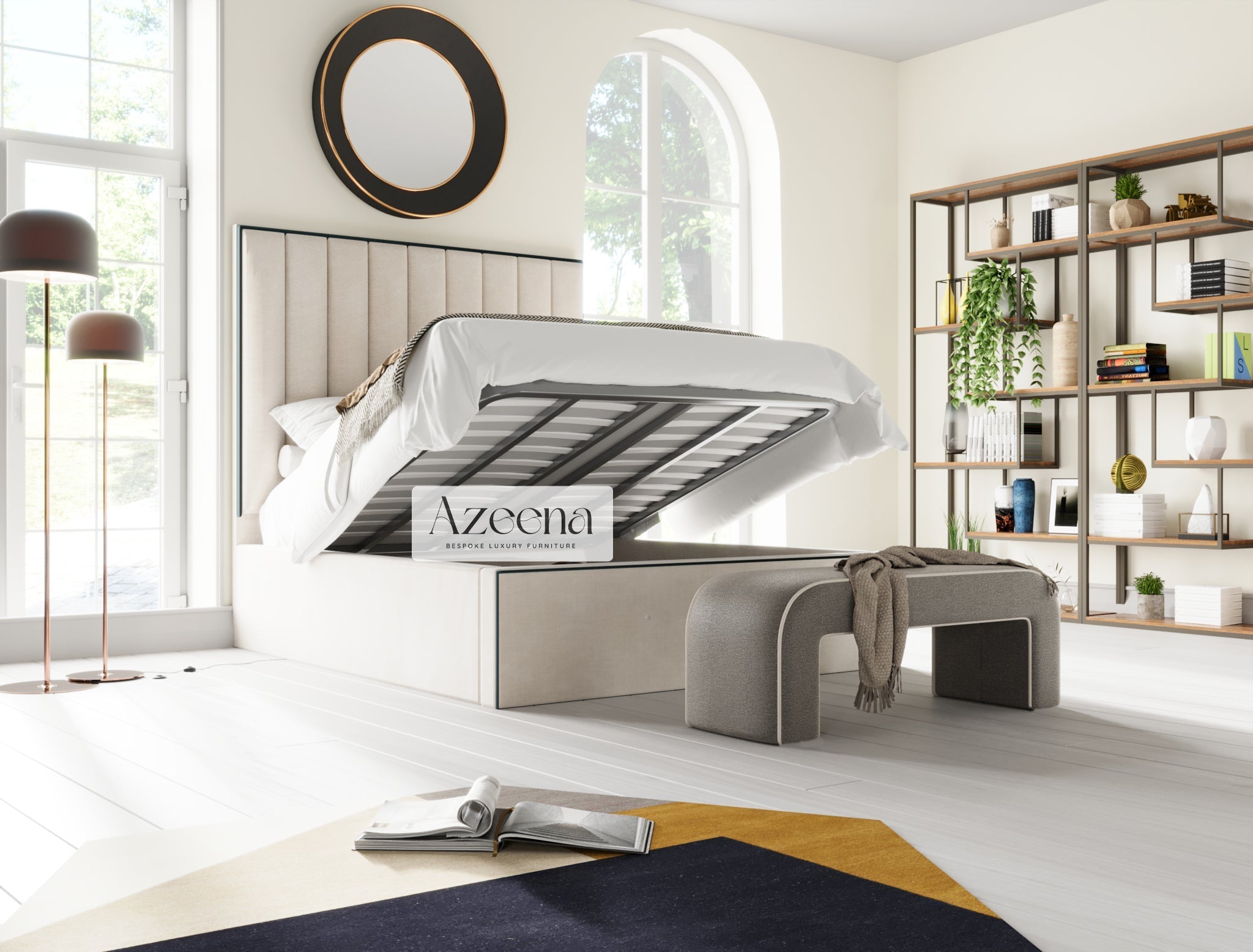 Jade Stripe Line Fabric Piping Tall Upholstered Bed With Optional Storage