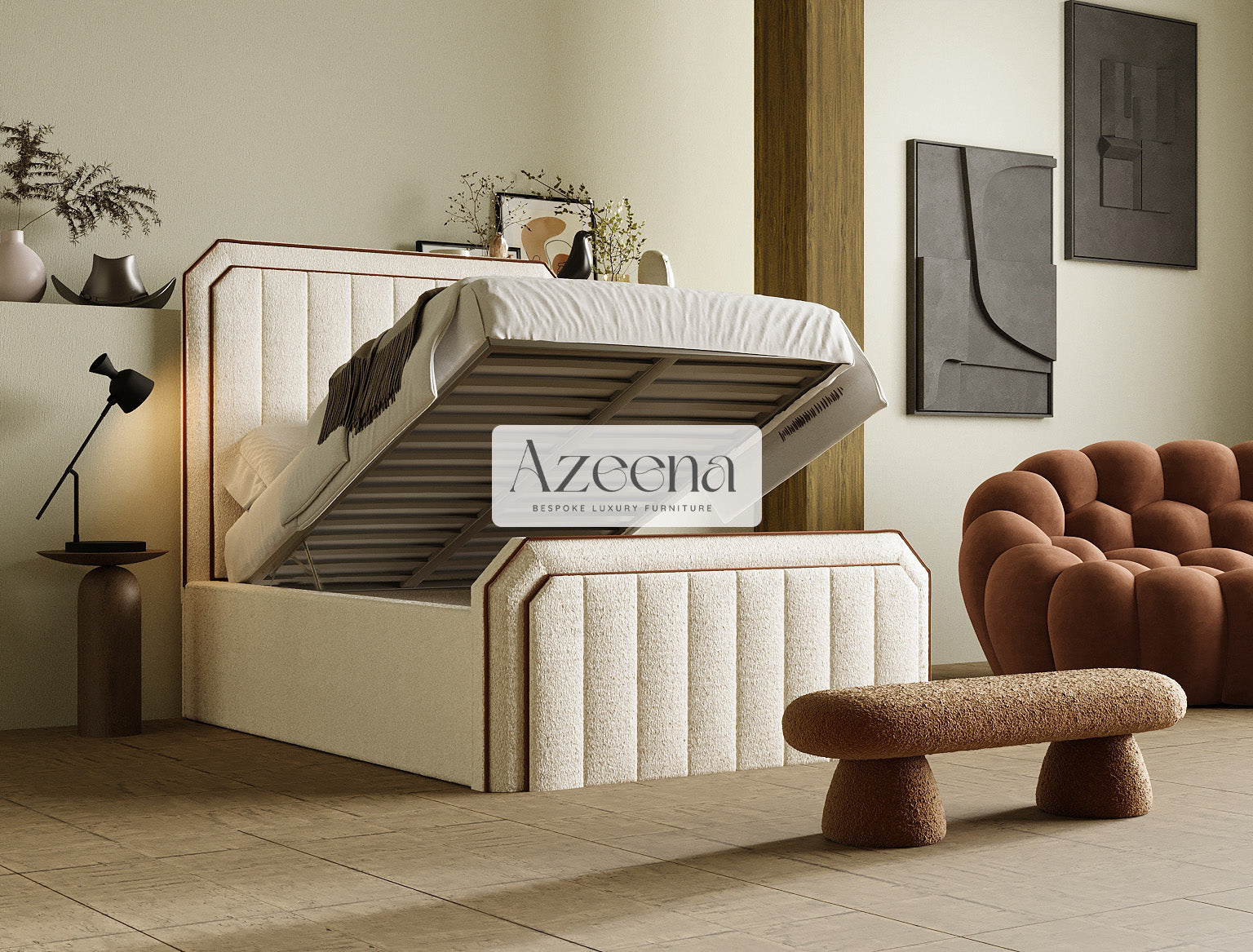 Benson Strip Linear Bed Frame with option ottoman gas lift storage