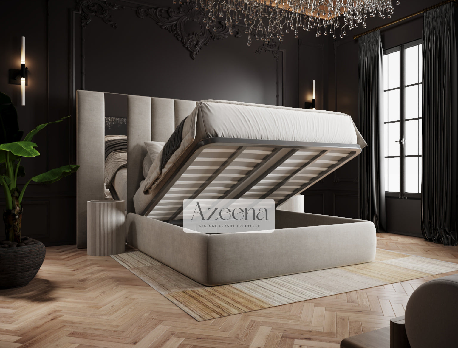 Elma Extended Wide Headboard Stripe Line Mirror Bed With Optional Storage