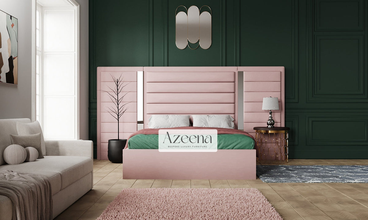 Penelope Extended Wide Headboard Stripes Lines Panel Mirror Bed With Optional Storage