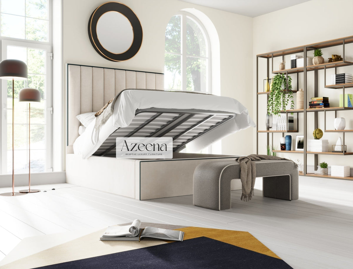 Susy Stripe Line Fabric Piping Tall Upholstered Bed With Optional Storage