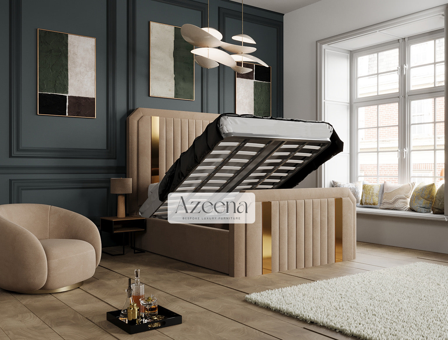 Kylie Glossy Gold Chrome Strip Elegance Bed With Optional Ottoman Gas Lift Storage