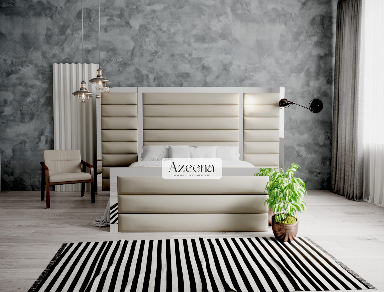 Miles Extended Wide Headboard Horizontal Lines Panel Mirror Bed With Optional Storage