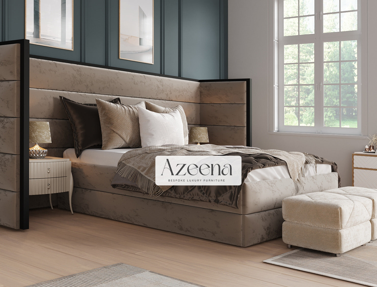 Windsor Extended Wide Headboard Stripes Lines Panel Wooden Frame Trim Bed With Optional Storage