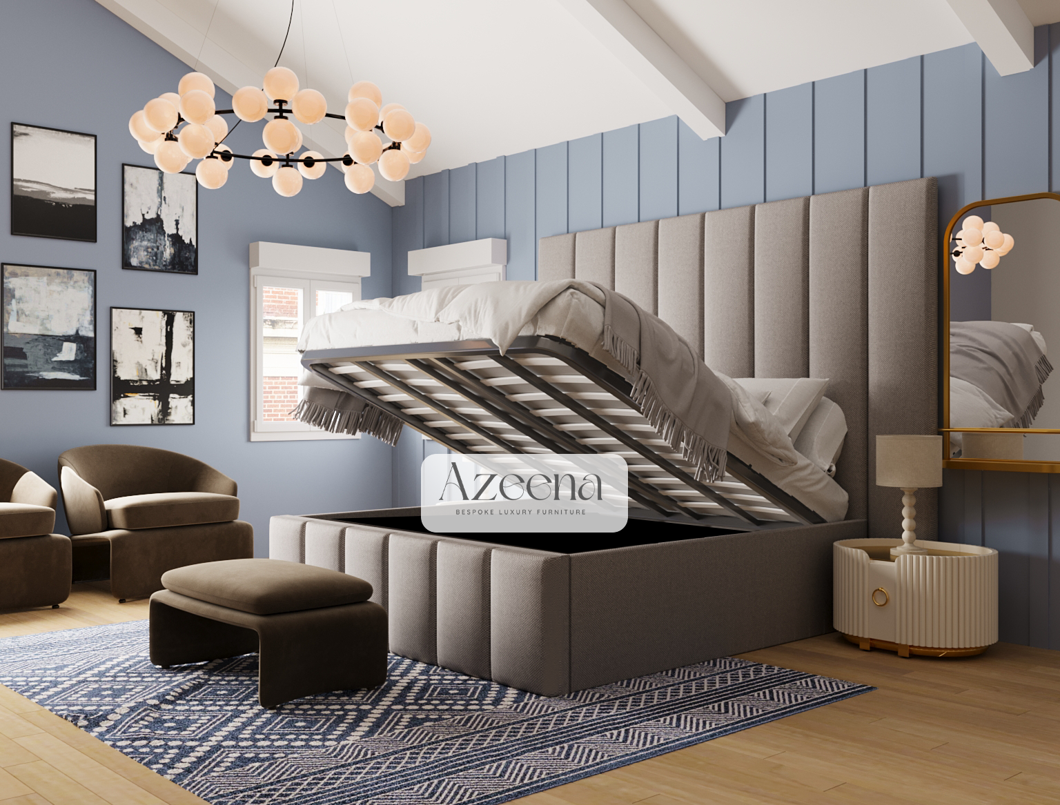 Sammy Wide Extended Panel Headboard Fabric Bed With Optional Ottoman Storage