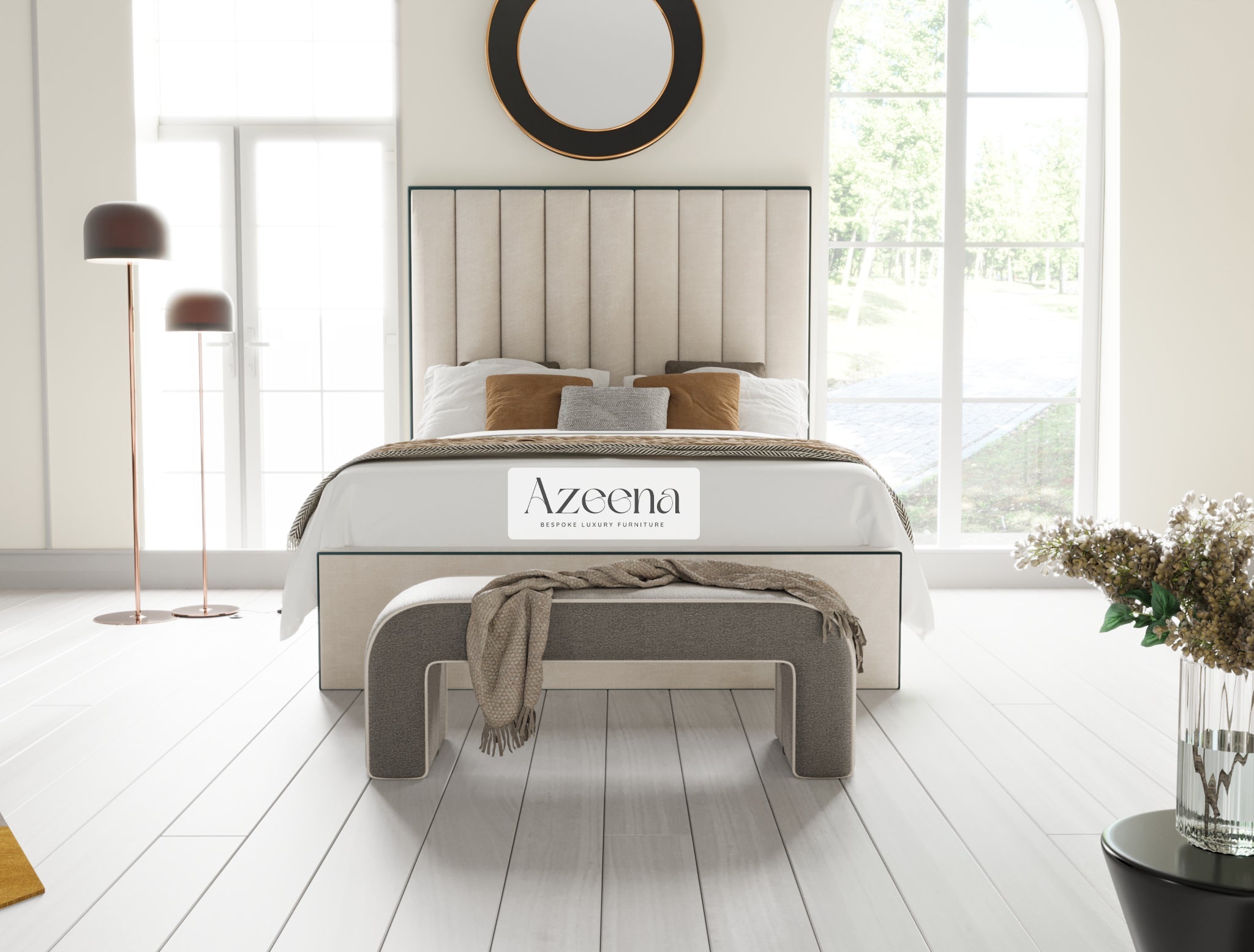 Jade Stripe Line Fabric Piping Tall Upholstered Bed With Optional Storage