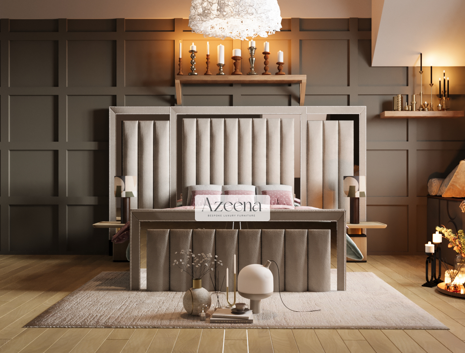 Charles Extended Wide Headboard Stripes Lines Panel Mirror Bed With Optional Storage