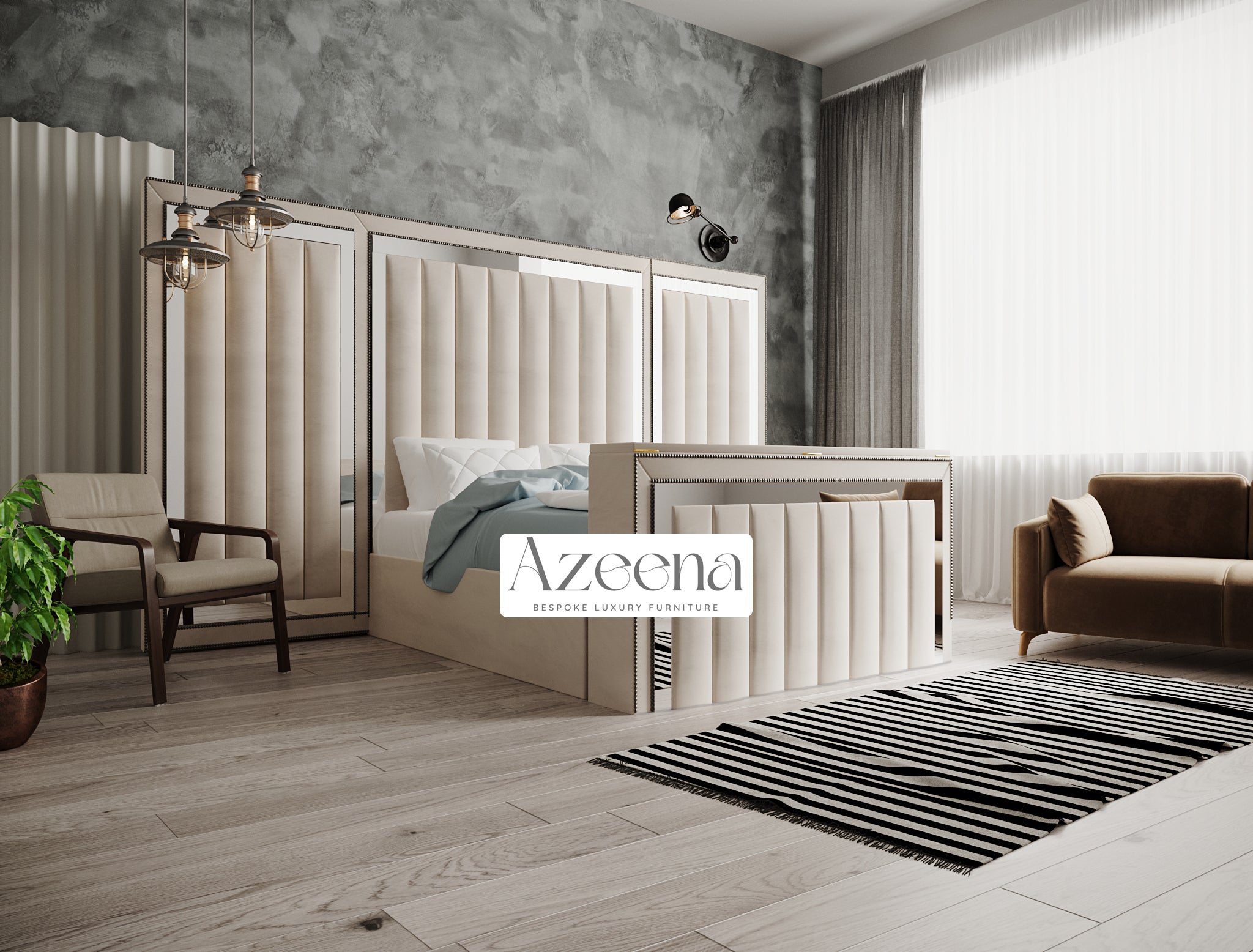 Keiran Extended Wide Headboard Stripes Lines Panel Mirror TV Bed With Optional Divan Ottoman Storage