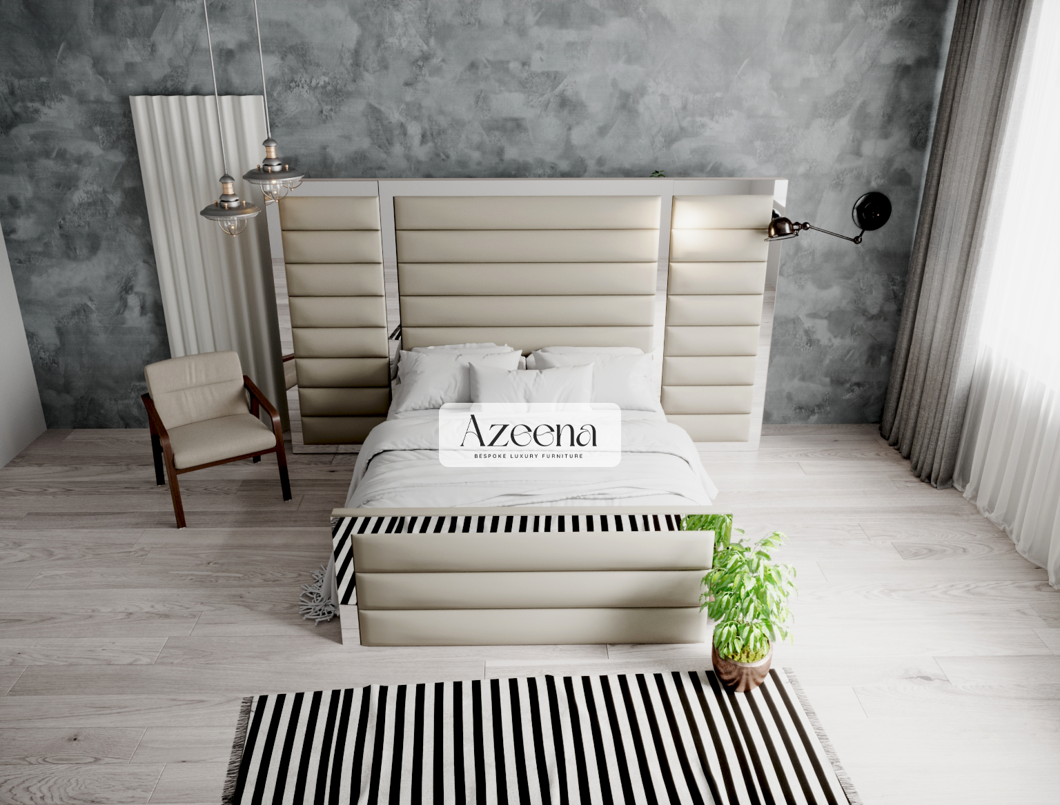 Miles Extended Wide Headboard Horizontal Lines Panel Mirror Bed With Optional Storage