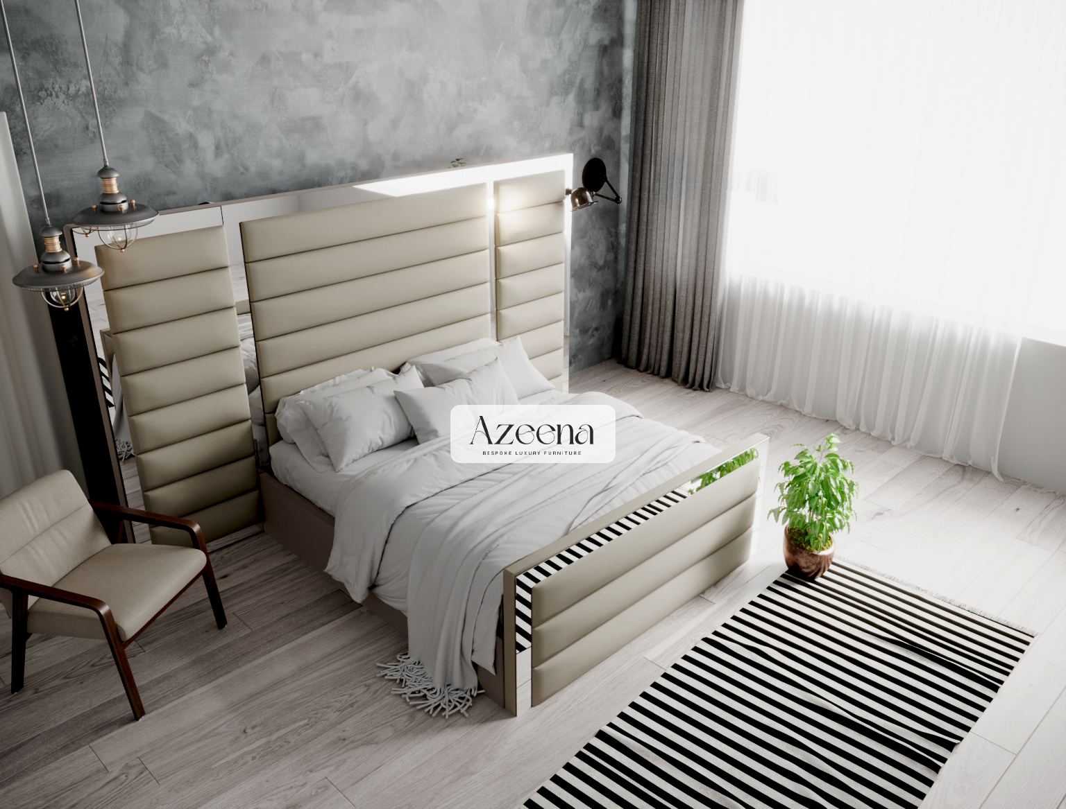 Miles Extended Wide Headboard Horizontal Lines Panel Mirror Bed With Optional Storage