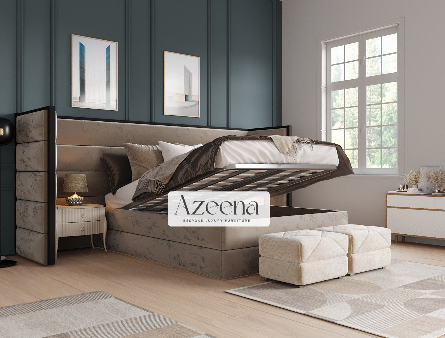 Windsor Extended Wide Headboard Stripes Lines Panel Wooden Frame Trim Bed With Optional Storage