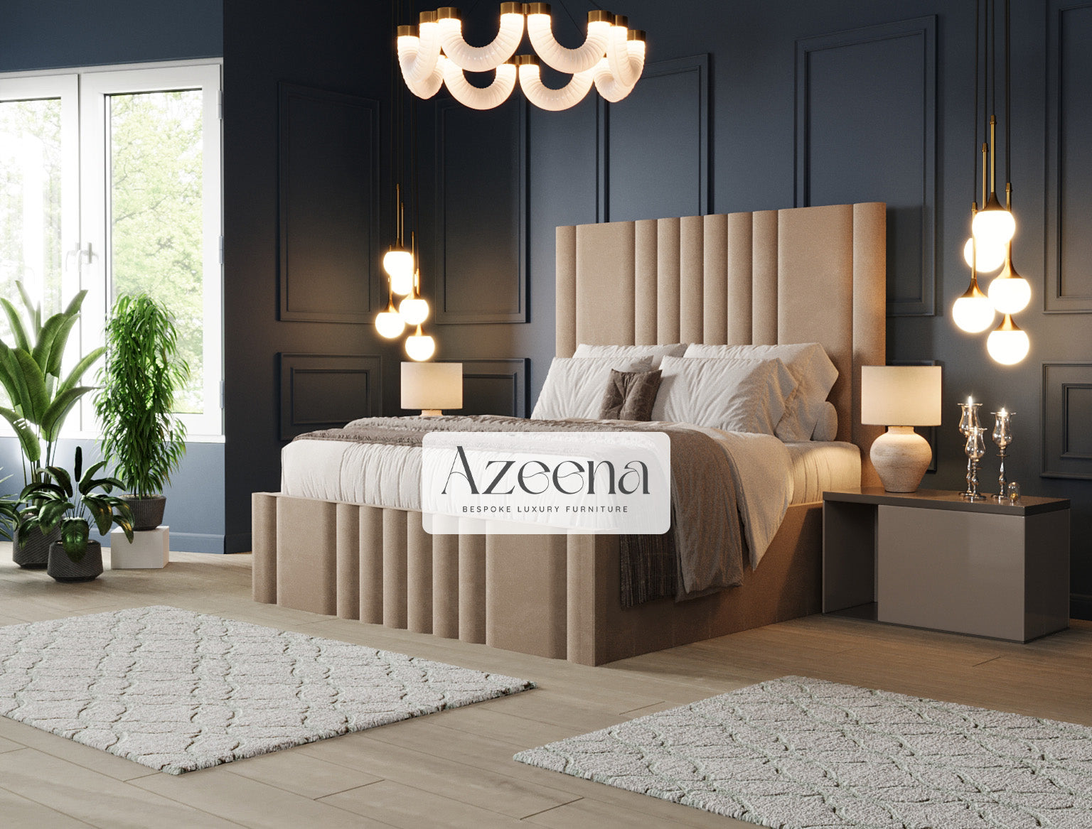 Manhattan Extended Wide Headboard Stripe Line Bed With Optional Storage