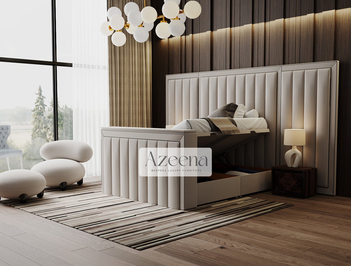 Windsor Extended Wide Headboard Stripes Lines Panel Mirror TV Bed With Optional Divan Ottoman Storage