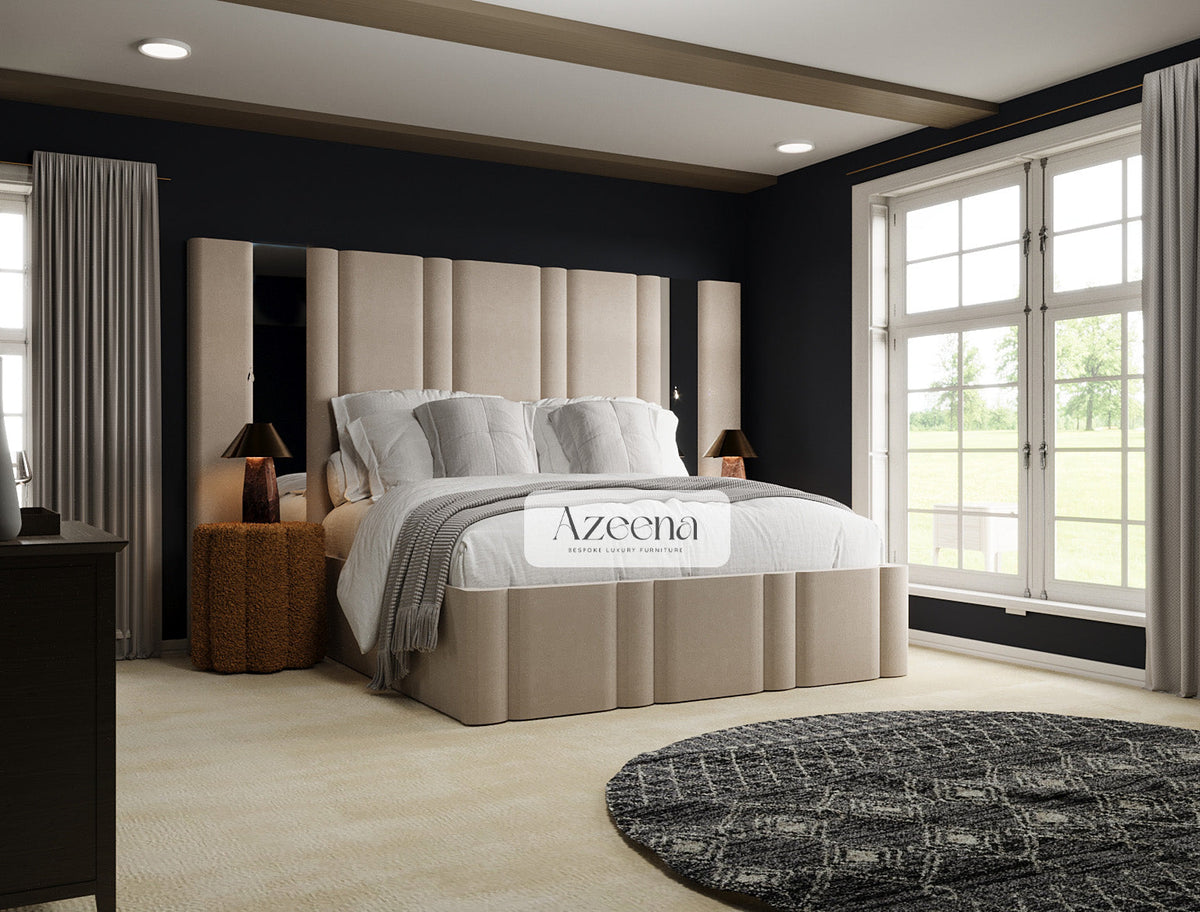 Lynn Extended Wide Headboard Stripe Line Mirror Bed With Optional Storage