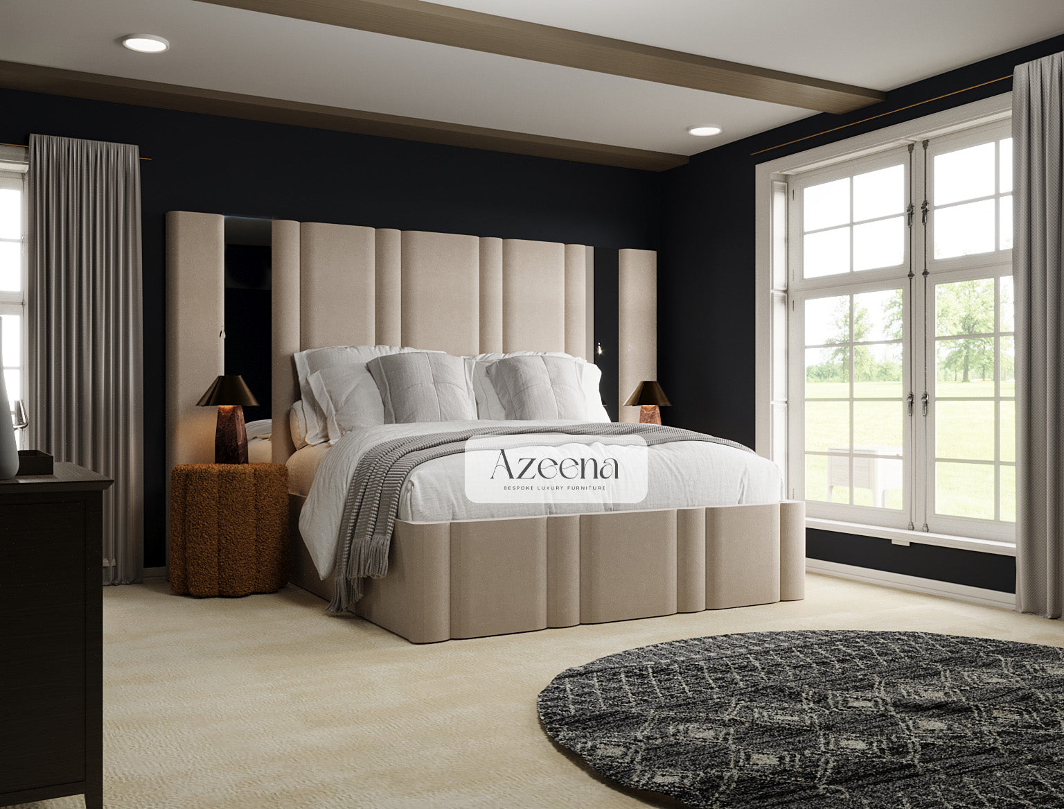 Lynn Extended Wide Headboard Stripe Line Mirror Bed With Optional Storage