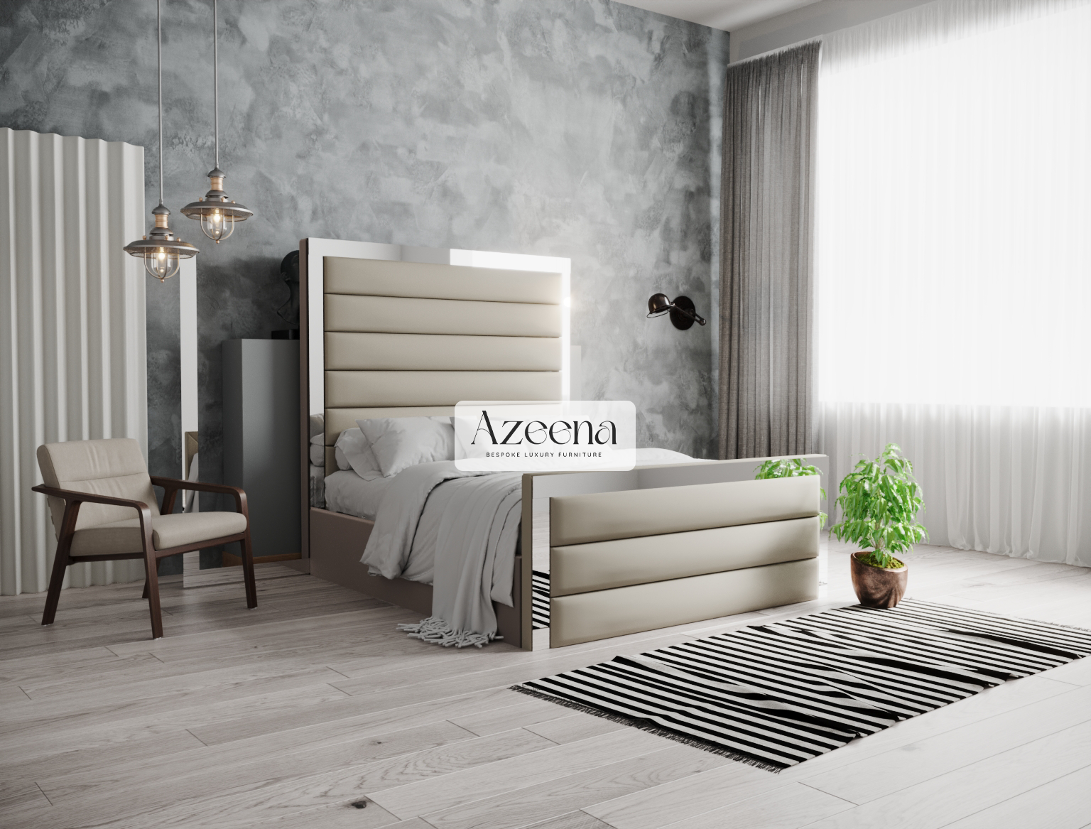 Miles Extended Wide Headboard Horizontal Lines Panel Mirror Bed With Optional Storage