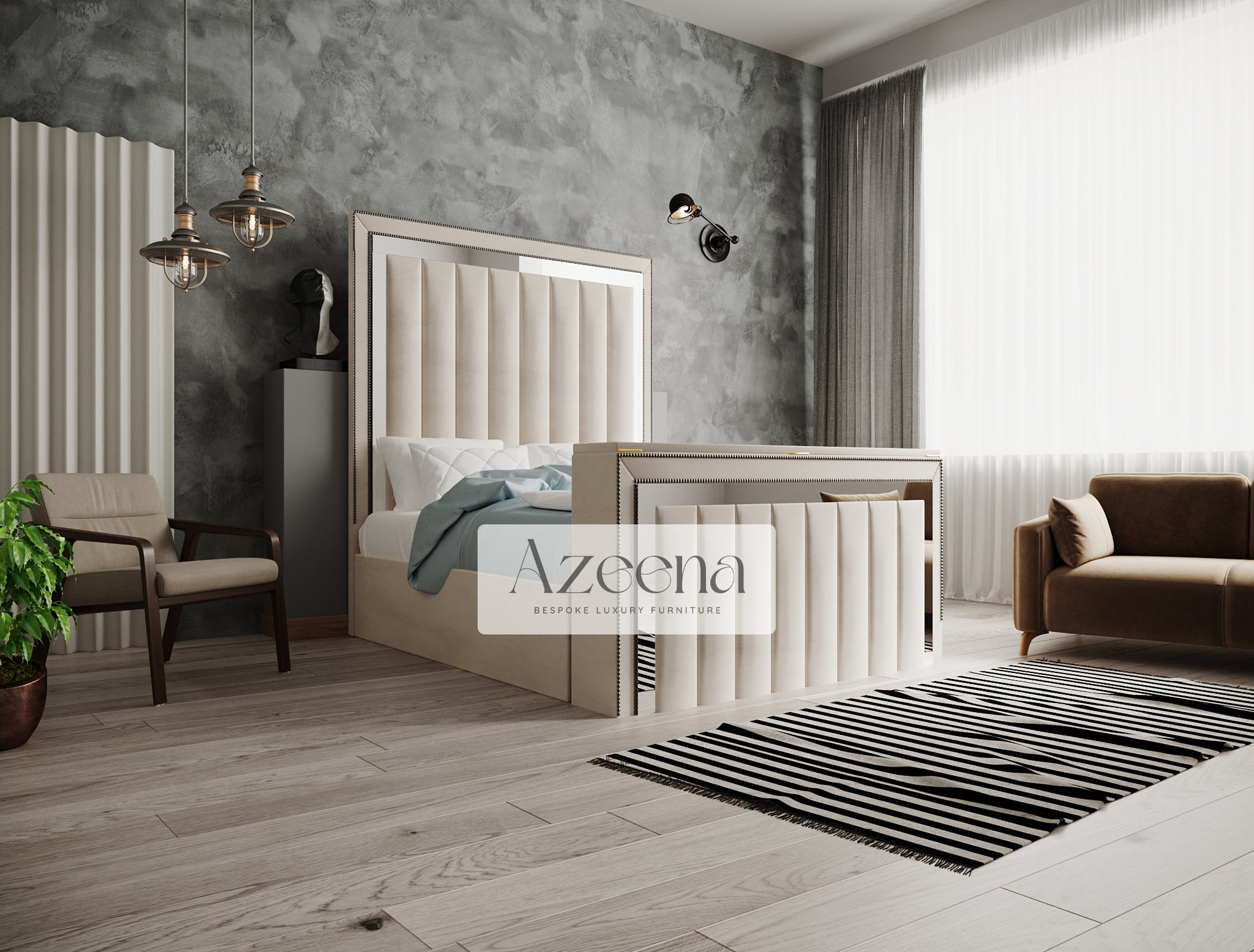 Keiran Extended Wide Headboard Stripes Lines Panel Mirror TV Bed With Optional Divan Ottoman Storage