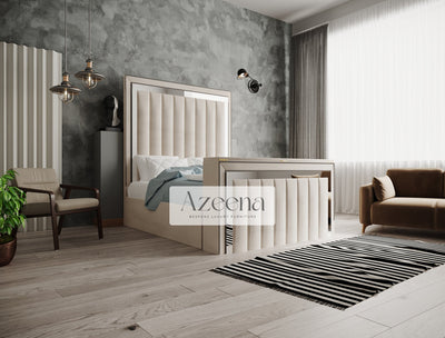 Keiran Extended Wide Headboard Stripes Lines Panel Mirror TV Bed With Optional Divan Ottoman Storage