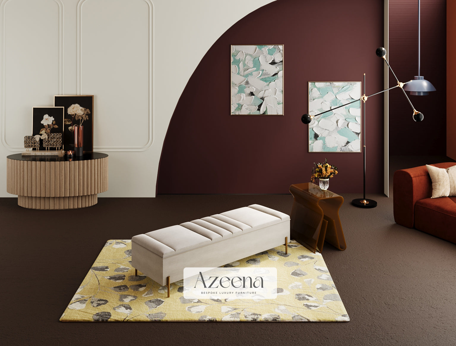 Rene Large Fabric Footstool With Gold Trim Legs