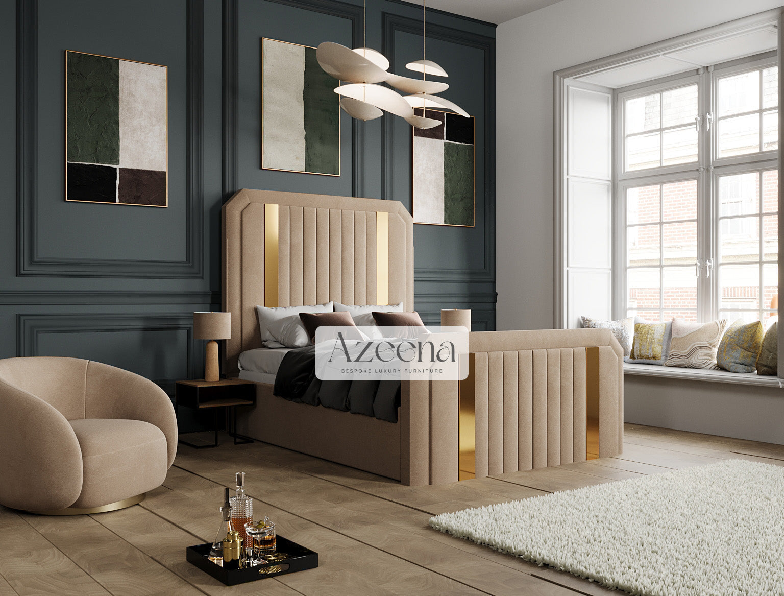 Kylie Glossy Gold Chrome Strip Elegance Bed With Optional Ottoman Gas Lift Storage