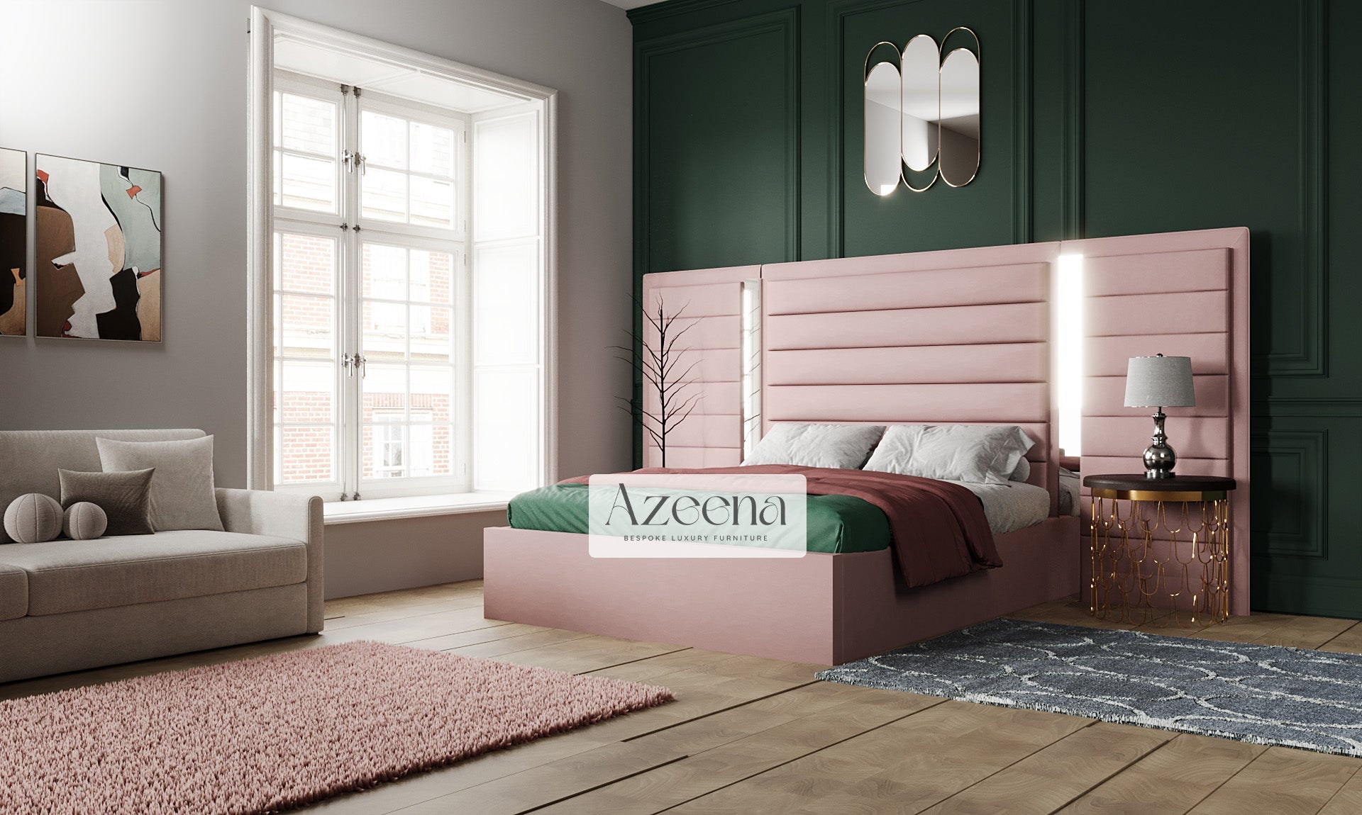 Penelope Extended Wide Headboard Stripes Lines Panel Mirror Bed With Optional Storage