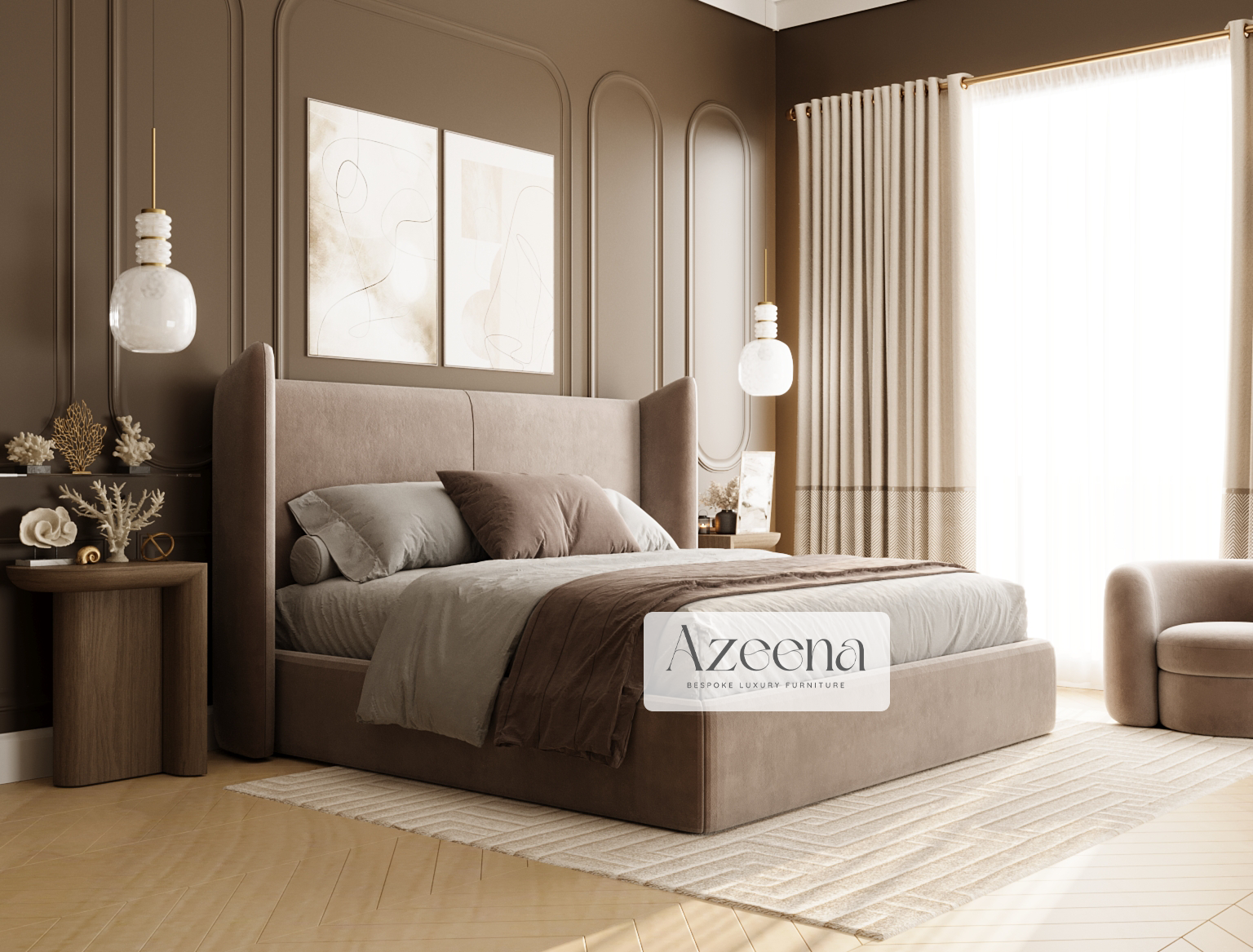 Ares Winged Stripe Line Linear Bed With Optional Ottoman Gas Lift Storage