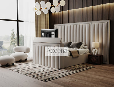 Windsor Extended Wide Headboard Stripes Lines Panel Mirror TV Bed With Optional Divan Ottoman Storage