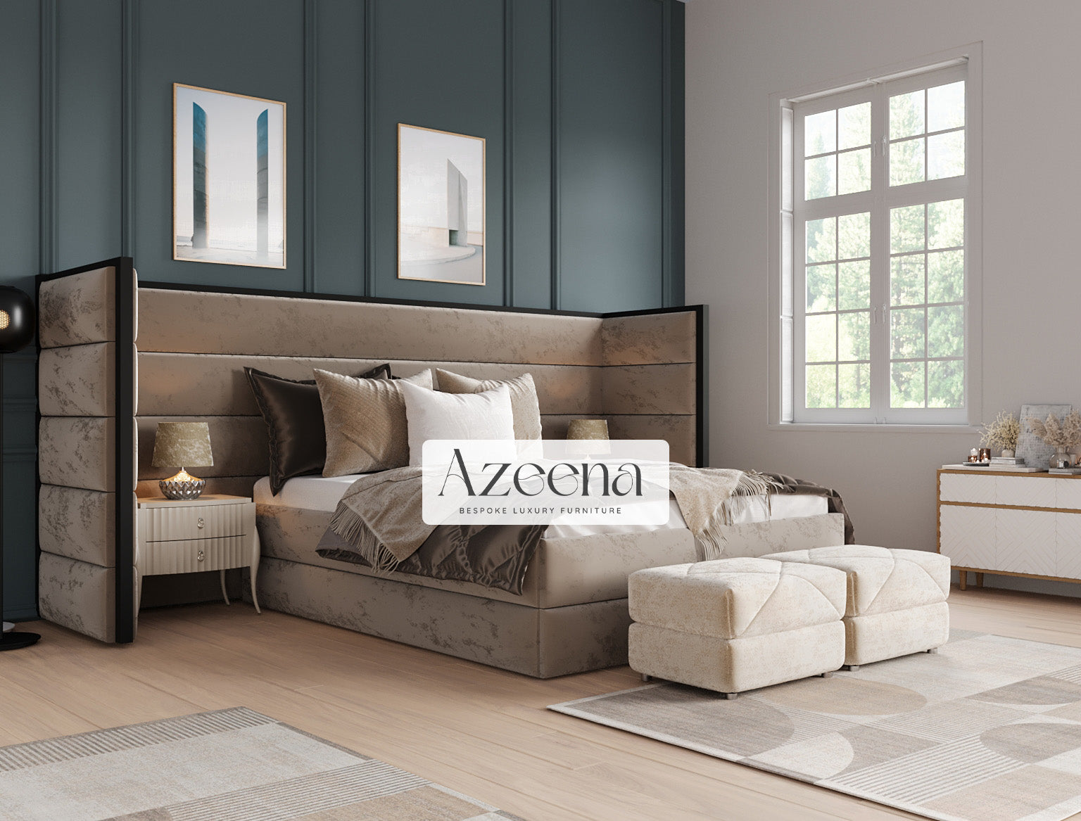 Windsor Extended Wide Headboard Stripes Lines Panel Wooden Frame Trim Bed With Optional Storage