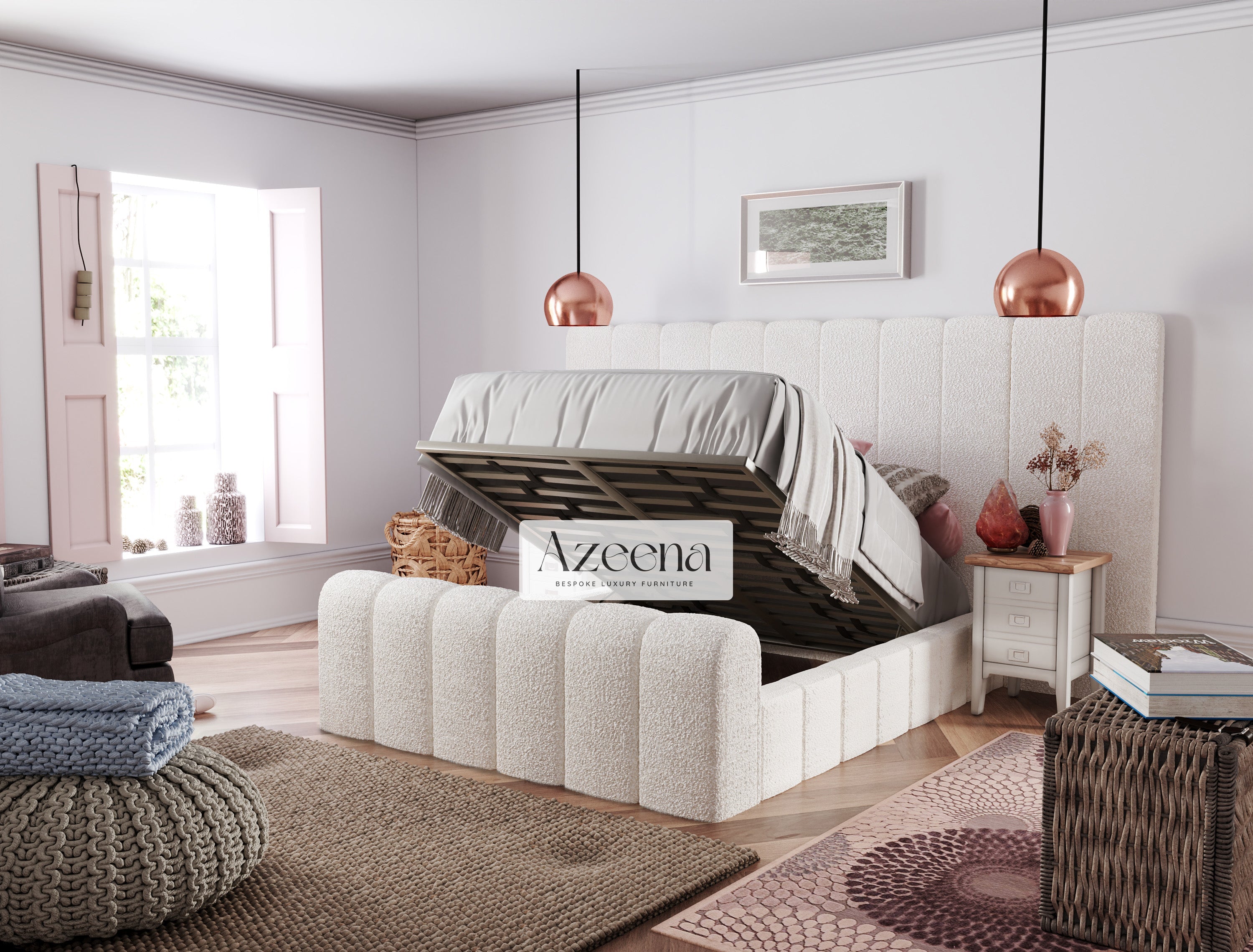 Paige Optional Ottoman Storage Wide and Extended Headboard Ottoman Bed