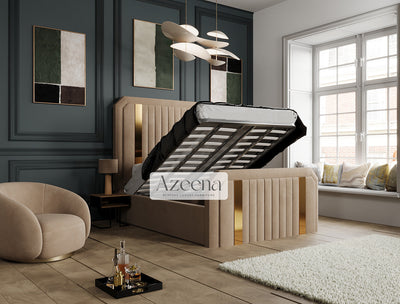 Kylie Glossy Gold Chrome Strip Elegance Bed With Optional Ottoman Gas Lift Storage