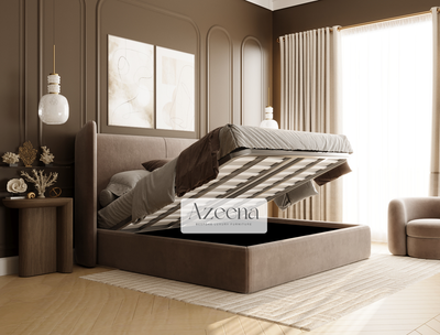 Ares Winged Stripe Line Linear Bed With Optional Ottoman Gas Lift Storage