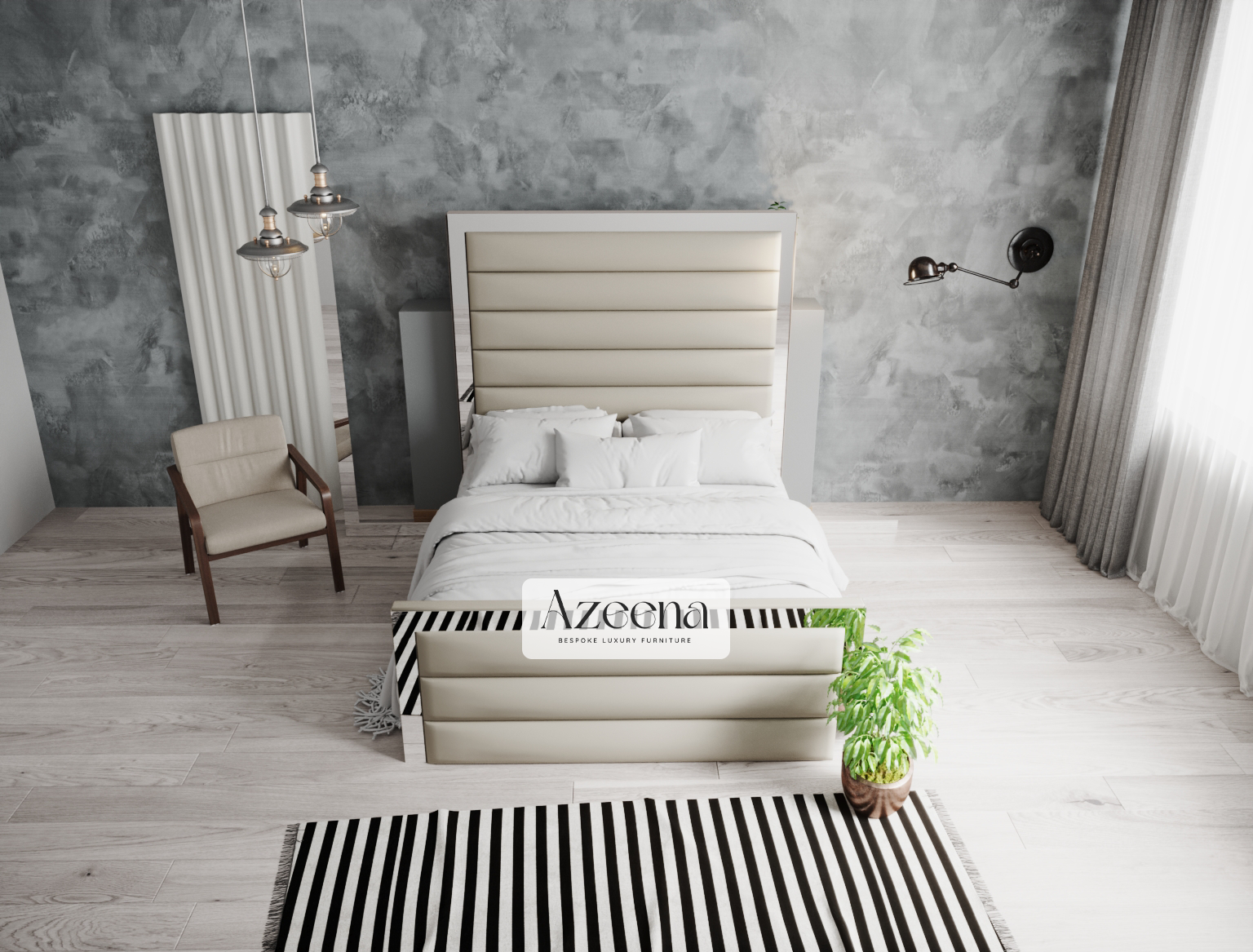 Miles Extended Wide Headboard Horizontal Lines Panel Mirror Bed With Optional Storage