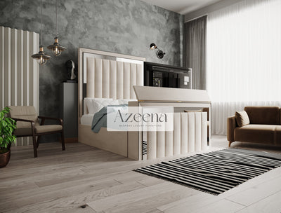 Keiran Extended Wide Headboard Stripes Lines Panel Mirror TV Bed With Optional Divan Ottoman Storage