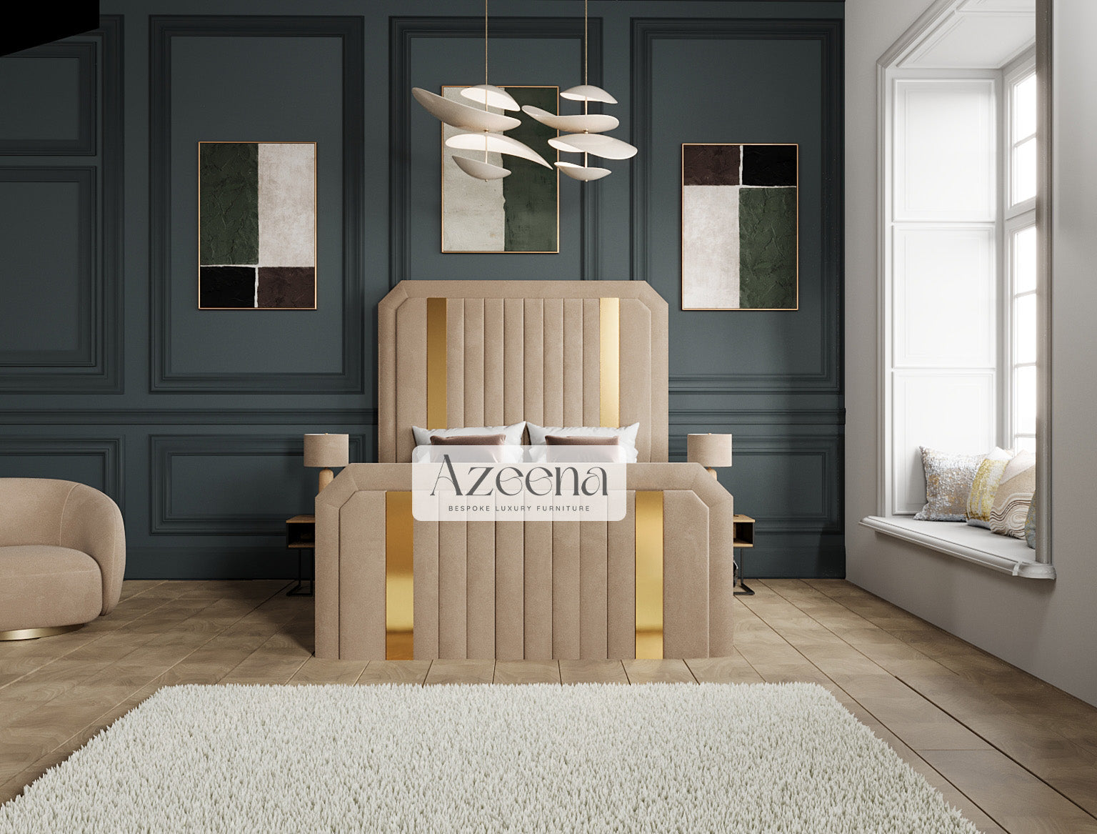 Kylie Glossy Gold Chrome Strip Elegance Bed With Optional Ottoman Gas Lift Storage