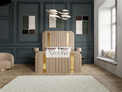 Kylie Glossy Gold Chrome Strip Elegance Bed With Optional Ottoman Gas Lift Storage