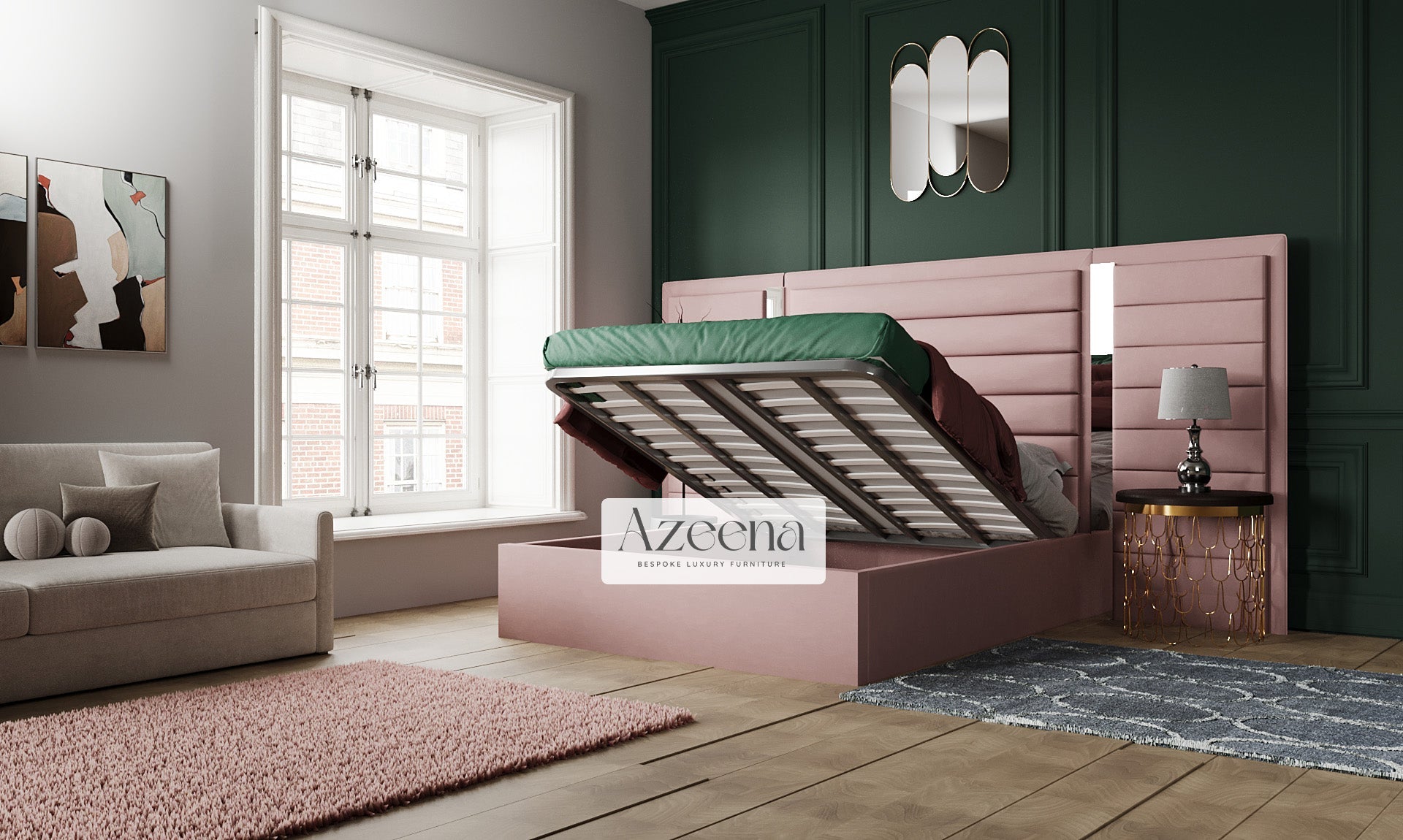 Penelope Extended Wide Headboard Stripes Lines Panel Mirror Bed With Optional Storage