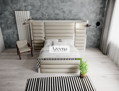 Miles Extended Wide Headboard Horizontal Lines Panel Mirror Bed With Optional Storage