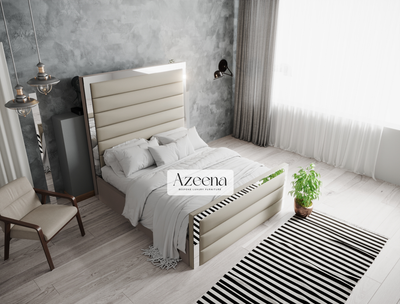 Miles Extended Wide Headboard Horizontal Lines Panel Mirror Bed With Optional Storage