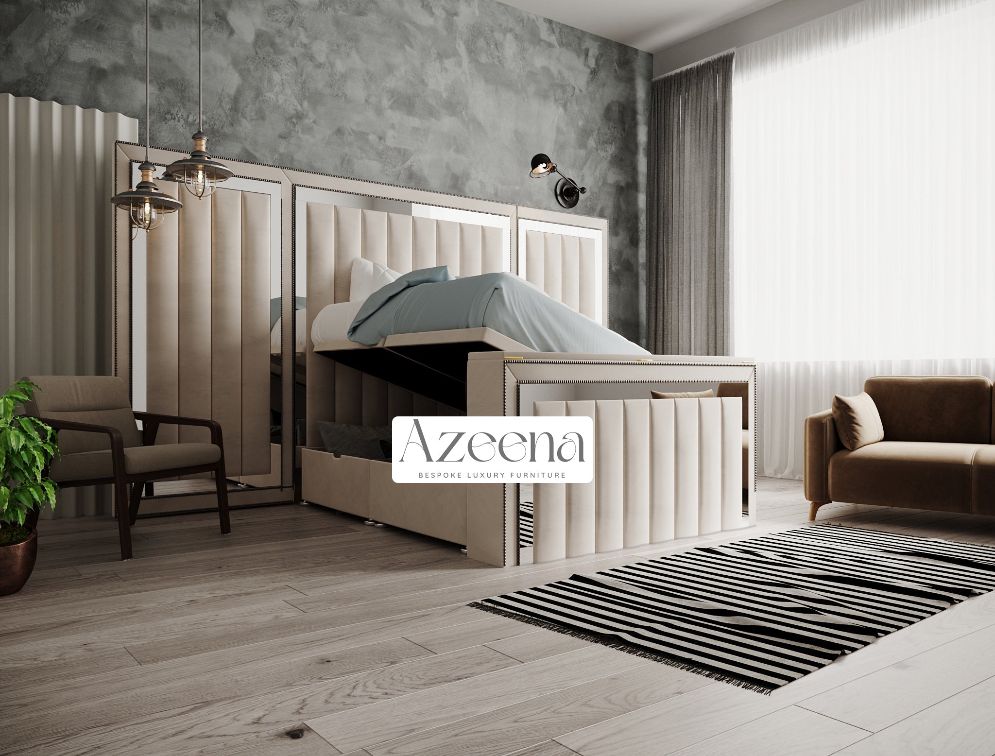 Keiran Extended Wide Headboard Stripes Lines Panel Mirror TV Bed With Optional Divan Ottoman Storage