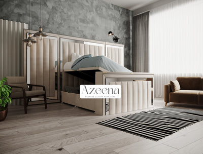 Keiran Extended Wide Headboard Stripes Lines Panel Mirror TV Bed With Optional Divan Ottoman Storage